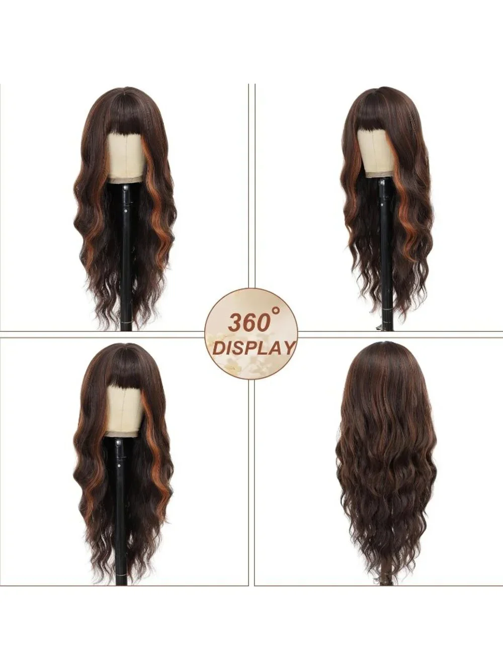 Women's Brown 26 Inch Natural Looking Heat Resistant Synthetic Wigs Bangs